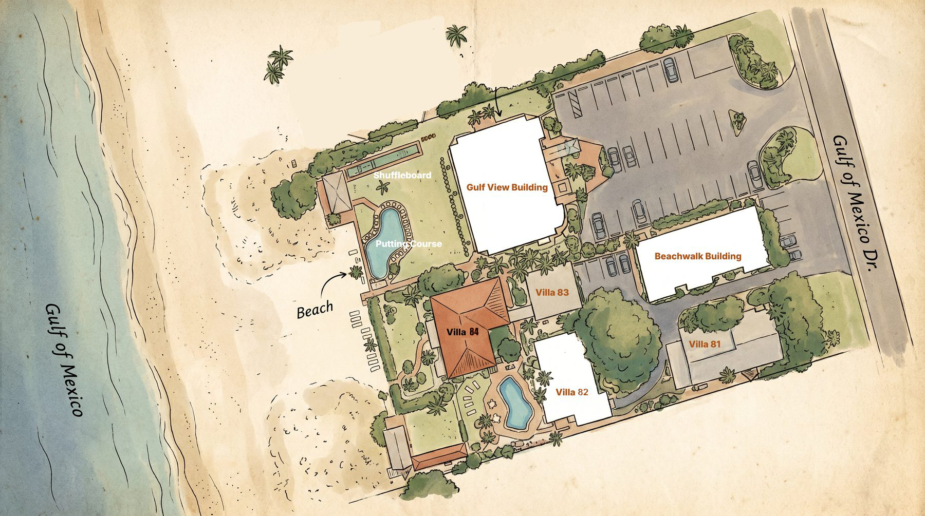 Illustrated map of Turtle Crawl Inn: Gulf View Building, Beachwalk Building and Beach Villas 81-84 between the Gulf of Mexico beach and Gulf of Mexico Drive